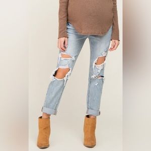 Light Blue Distressed Cuffed Maternity Jeans